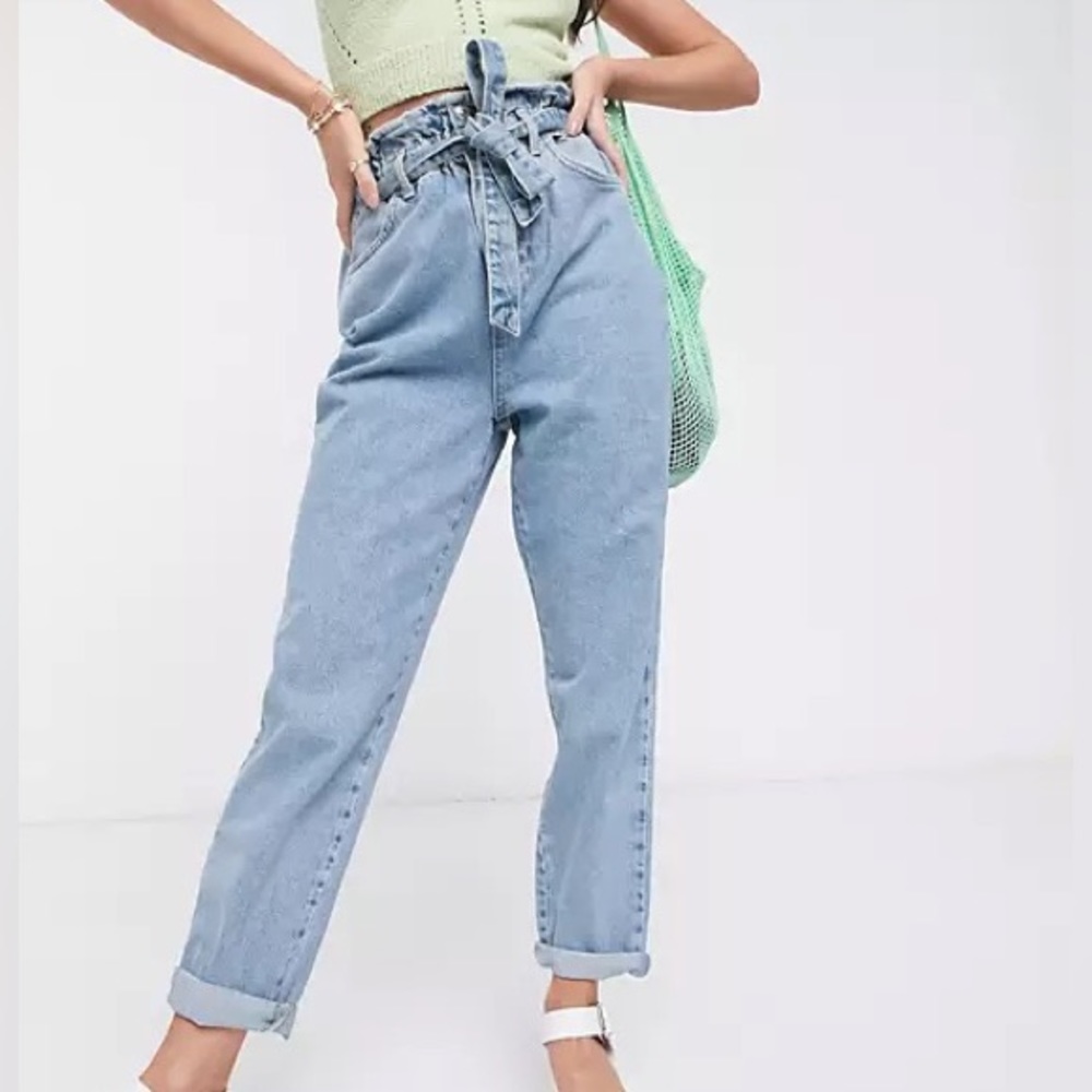 High waist belted paper bag light wash jeans